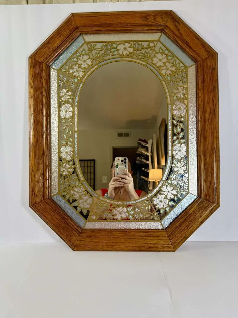 Vintage Windsor Art Wall Mirror with Pastel Floral Etched Glass and Wood Frame